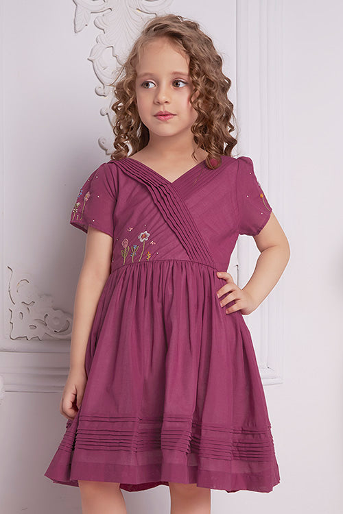Soleilclo "Wine Wonder" Short Sleeves Hand Embroidered Cotton Dress