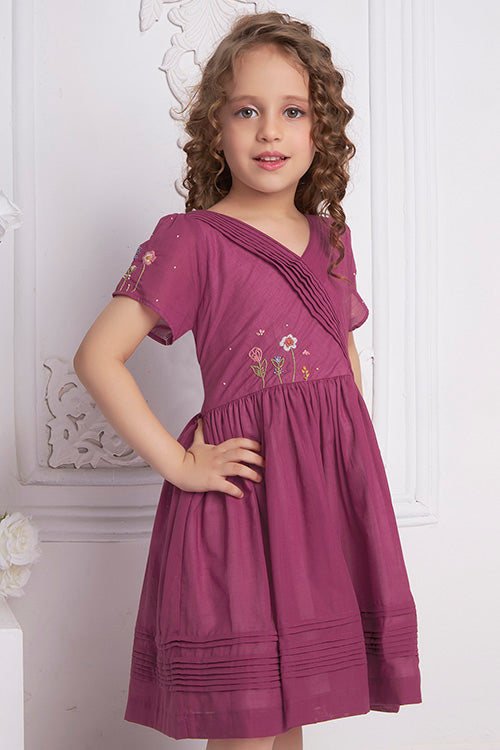 Soleilclo "Wine Wonder" Short Sleeves Hand Embroidered Cotton Dress