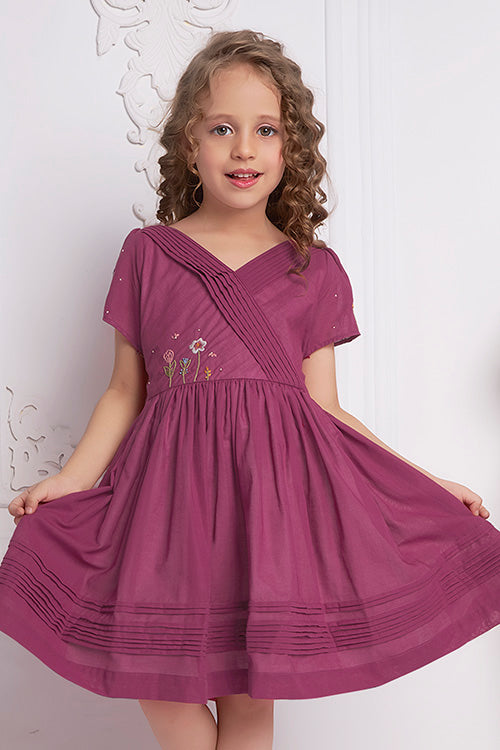 Soleilclo "Wine Wonder" Short Sleeves Hand Embroidered Cotton Dress