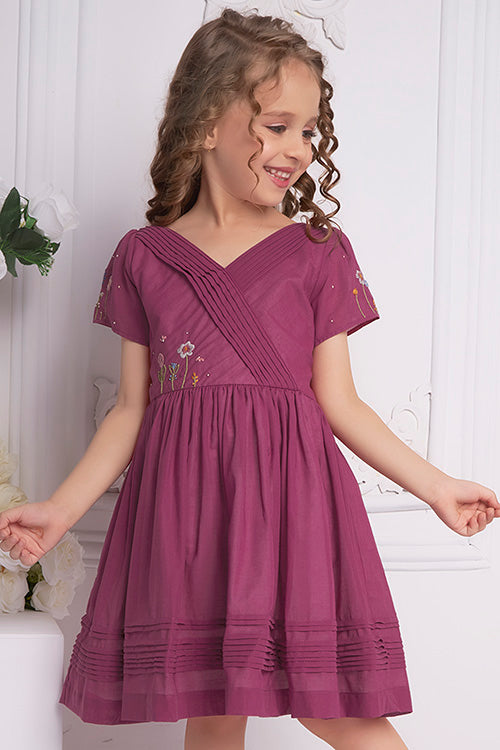 Soleilclo "Wine Wonder" Short Sleeves Hand Embroidered Cotton Dress