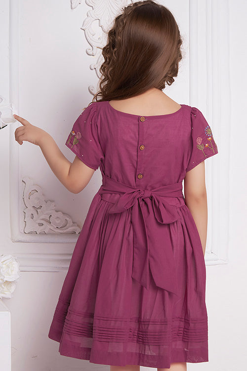 Soleilclo "Wine Wonder" Short Sleeves Hand Embroidered Cotton Dress