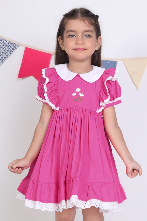 Soleilclo "Pink Embroidered Cotton Puffed Sleeves Dress"