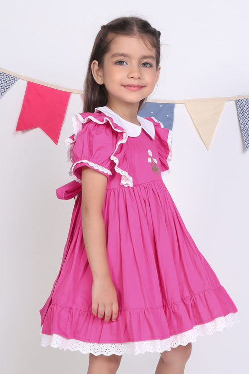Soleilclo "Pink Embroidered Cotton Puffed Sleeves Dress"