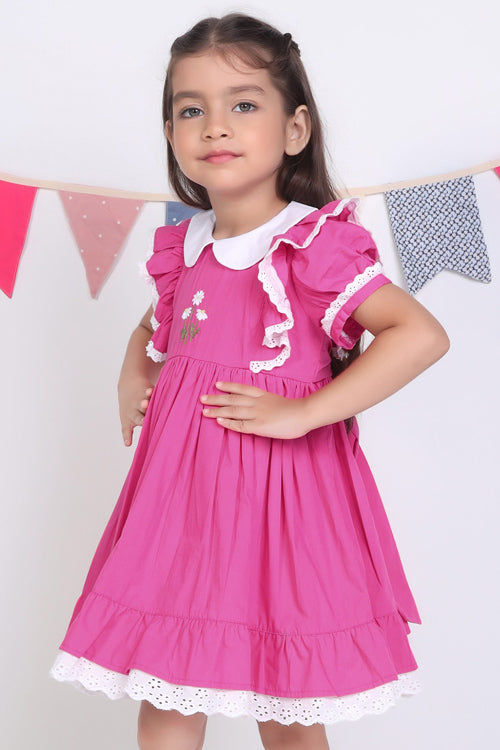 Soleilclo "Pink Embroidered Cotton Puffed Sleeves Dress"