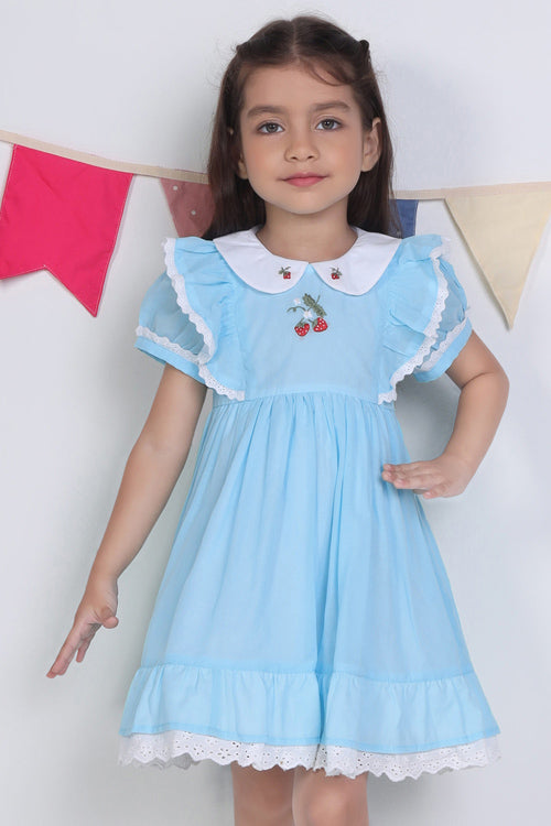 Soleilclo "Blue Embroidered Cotton Puffed Sleeves Dress"
