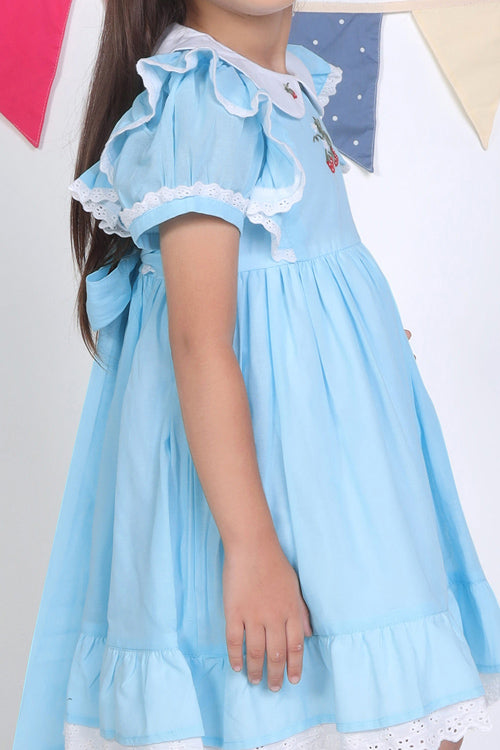 Soleilclo "Blue Embroidered Cotton Puffed Sleeves Dress"