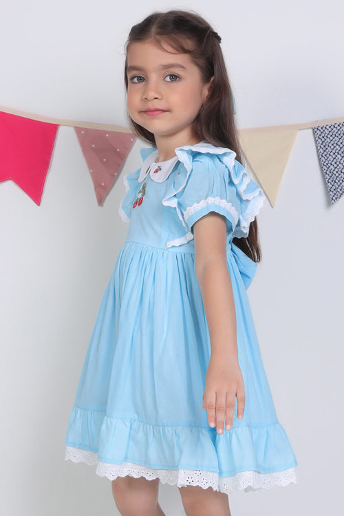 Soleilclo "Blue Embroidered Cotton Puffed Sleeves Dress"
