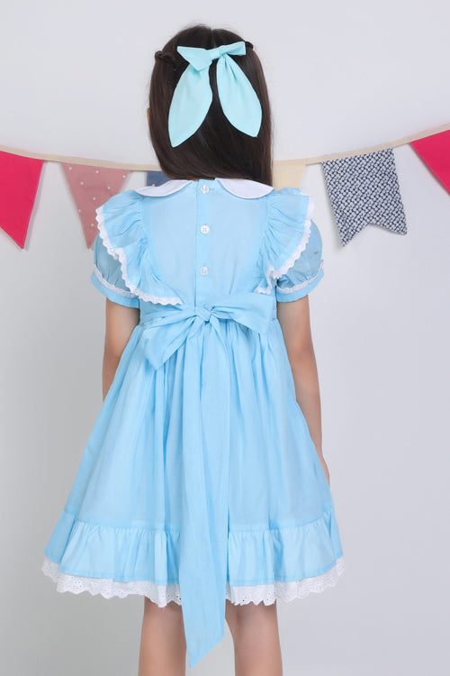 Soleilclo "Blue Embroidered Cotton Puffed Sleeves Dress"