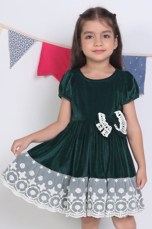 Soleilclo "Green Ivory Lace Velvet Puffed Sleeves Dress"