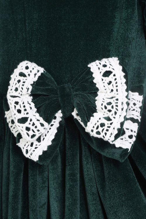 Soleilclo "Green Ivory Lace Velvet Puffed Sleeves Dress"