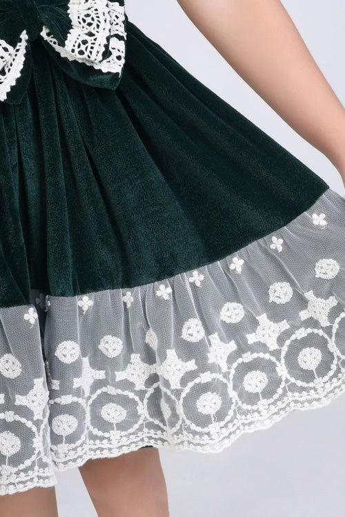 Soleilclo "Green Ivory Lace Velvet Puffed Sleeves Dress"