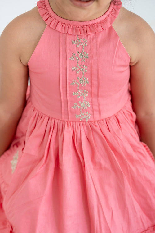 Soleilclo "Coral Embroidered Cotton Satin Sleeveless Dress With Pockets"