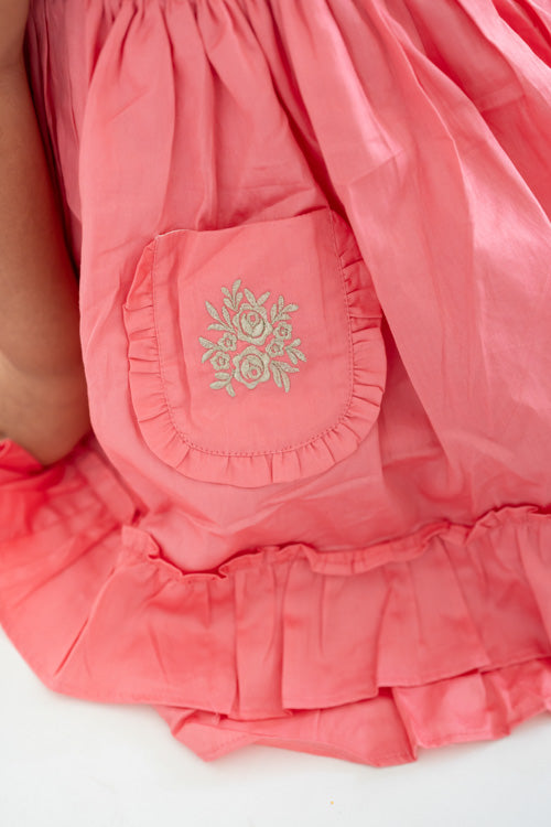 Soleilclo "Coral Embroidered Cotton Satin Sleeveless Dress With Pockets"