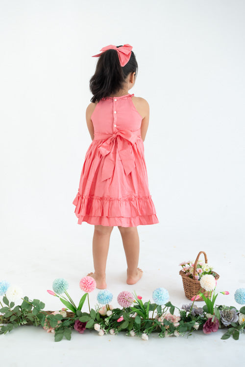 Soleilclo "Coral Embroidered Cotton Satin Sleeveless Dress With Pockets"