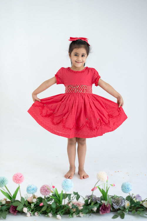 Soleilclo "Coral Swissdot Hand Smocked And Embroidered Cotton Puffed Sleeves Dress"