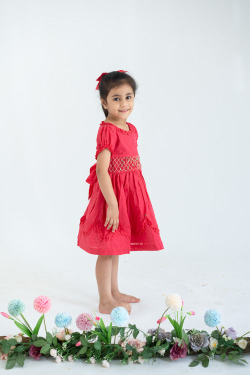 Soleilclo "Coral Swissdot Hand Smocked And Embroidered Cotton Puffed Sleeves Dress"