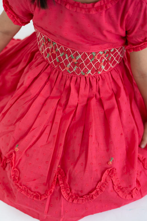 Soleilclo "Coral Swissdot Hand Smocked And Embroidered Cotton Puffed Sleeves Dress"