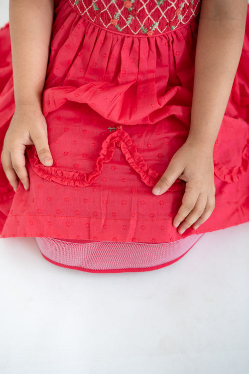 Soleilclo "Coral Swissdot Hand Smocked And Embroidered Cotton Puffed Sleeves Dress"