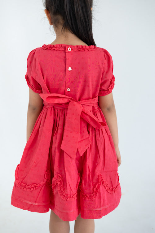 Soleilclo "Coral Swissdot Hand Smocked And Embroidered Cotton Puffed Sleeves Dress"