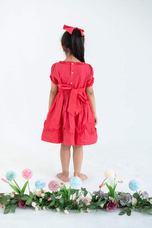 Soleilclo "Coral Swissdot Hand Smocked And Embroidered Cotton Puffed Sleeves Dress"