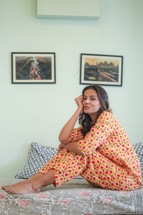 Sootisyahi 'Flower Crown' Handblock Printed Pure Cotton Night Suit