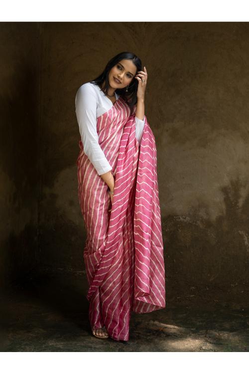 Striped Elegance. Hand Dyed Lehariya Tussore Silk Saree - Warm Pink & Beige