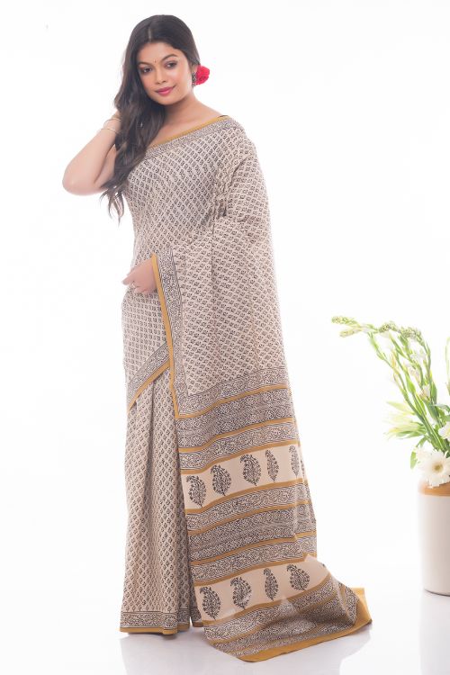 TICH Summer Classics. Bagru Block Printed Mulmul Cotton Saree - Ochre & Black Florets