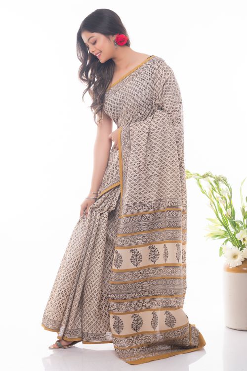 TICH Summer Classics. Bagru Block Printed Mulmul Cotton Saree - Ochre & Black Florets