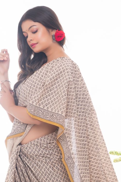 TICH Summer Classics. Bagru Block Printed Mulmul Cotton Saree - Ochre & Black Florets