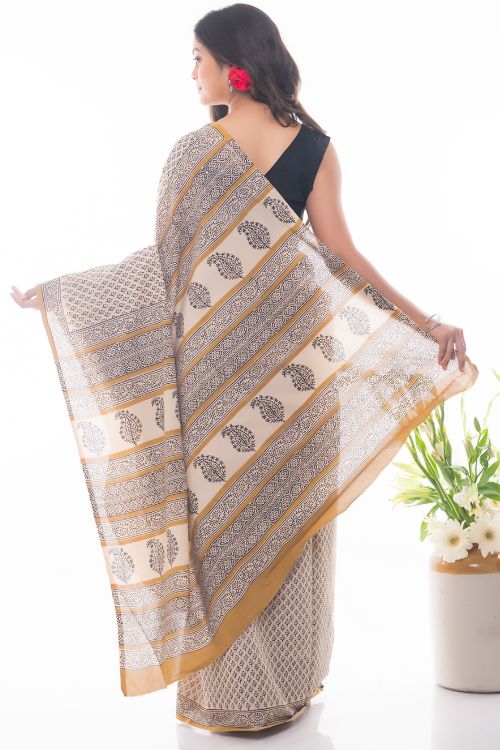 TICH Summer Classics. Bagru Block Printed Mulmul Cotton Saree - Ochre & Black Florets