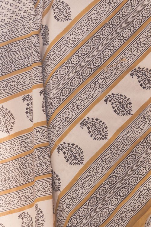 TICH Summer Classics. Bagru Block Printed Mulmul Cotton Saree - Ochre & Black Florets