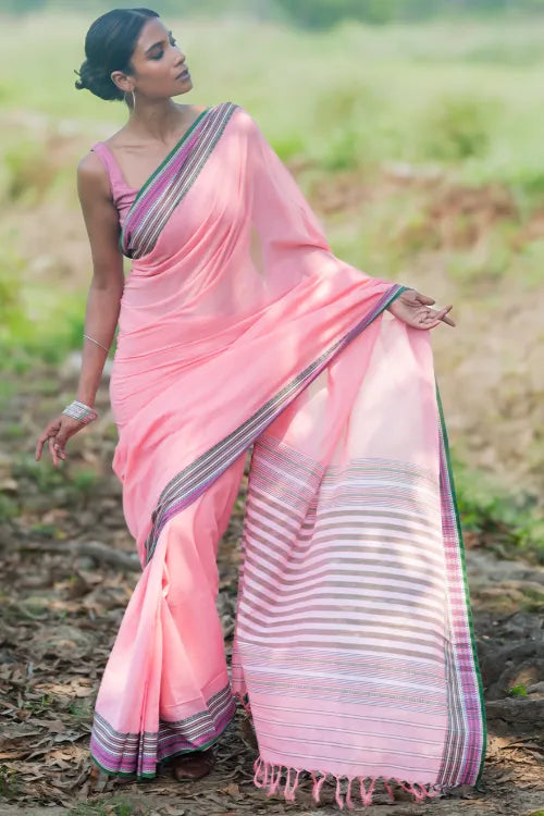 THE ICH Bengal Weaves. Handwoven Soft Cotton Saree - Blush Meadow