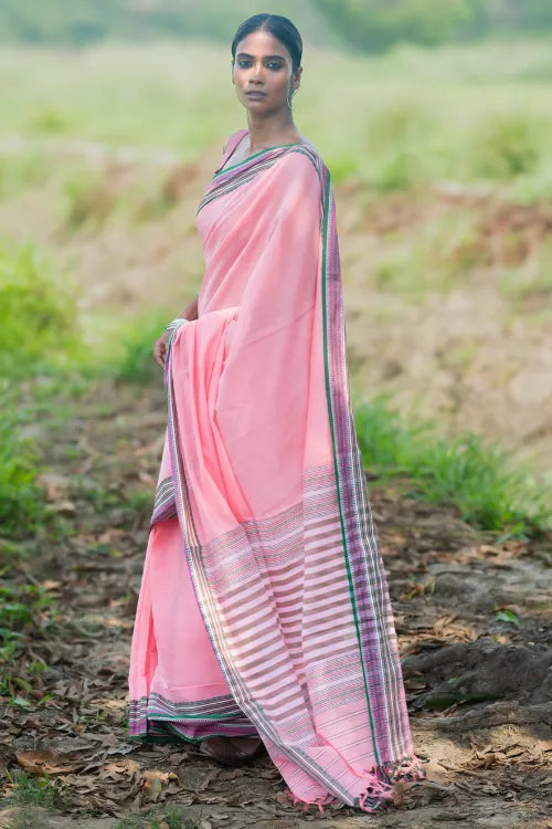 THE ICH Bengal Weaves. Handwoven Soft Cotton Saree - Blush Meadow
