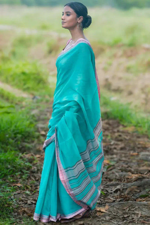 THE ICH Bengal Weaves. Handwoven Soft Cotton Saree - Lagoon Bloom