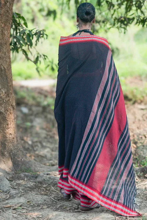 THE ICH Bengal Weaves. Handwoven Soft Cotton Saree - Midnight Ember