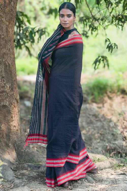 THE ICH Bengal Weaves. Handwoven Soft Cotton Saree - Midnight Ember