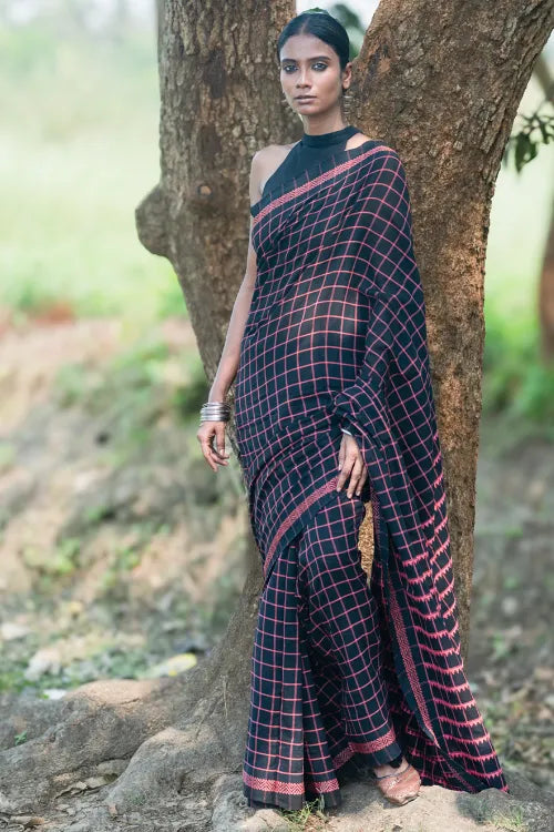 THE ICH Bengal Weaves. Handwoven Soft Cotton Saree - Rose Grid