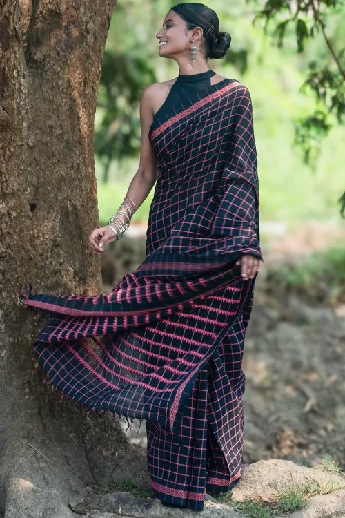 THE ICH Bengal Weaves. Handwoven Soft Cotton Saree - Rose Grid