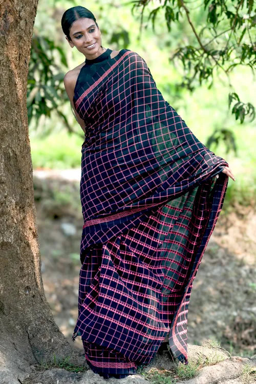 THE ICH Bengal Weaves. Handwoven Soft Cotton Saree - Rose Grid