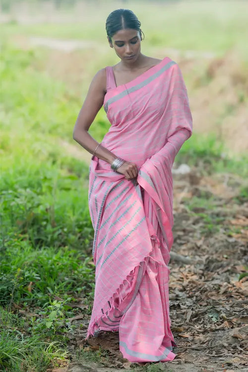 THE ICH Bengal Weaves. Handwoven Soft Cotton Saree - Rose Mist