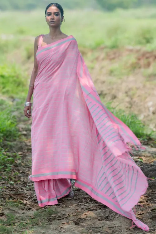 THE ICH Bengal Weaves. Handwoven Soft Cotton Saree - Rose Mist