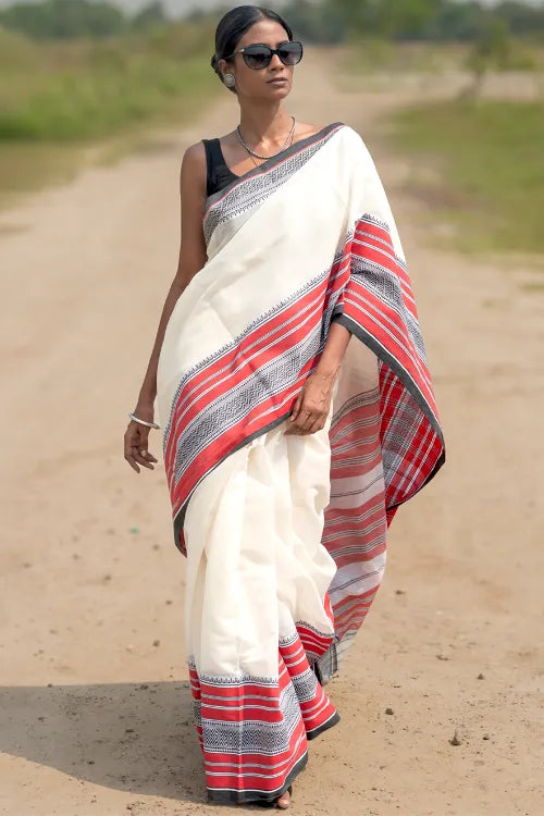 THE ICH Bengal Weaves. Handwoven Soft Cotton Saree - Ivory Tartan