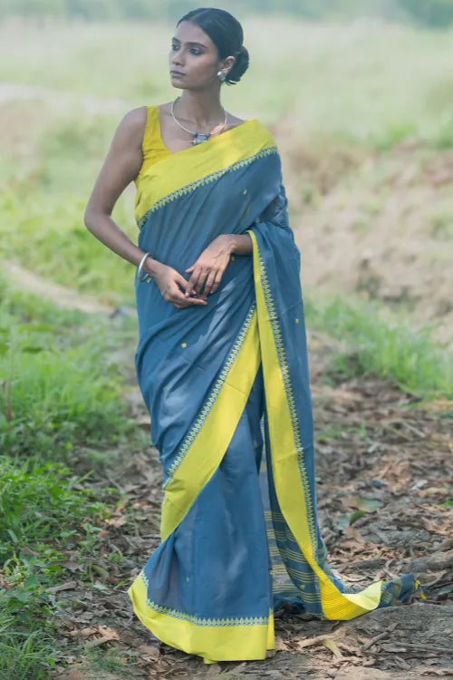 THE ICH Bengal Weaves. Handwoven Soft Cotton Saree - Monsoon Lime