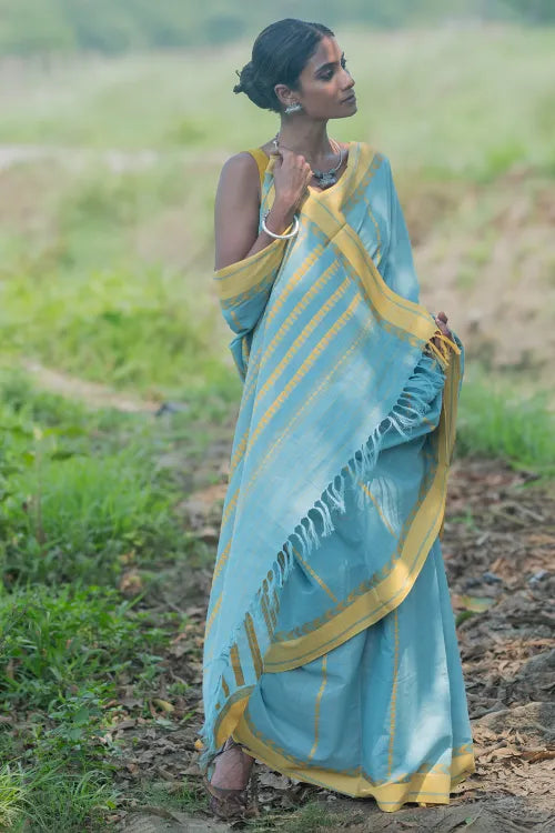 THE ICH Bengal Weaves. Handwoven Soft Cotton Saree - Sky Harvest