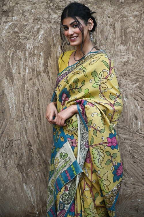 The ICH Signature Kalamkari Hand Painted Silk Blend Saree - Mangalavalli