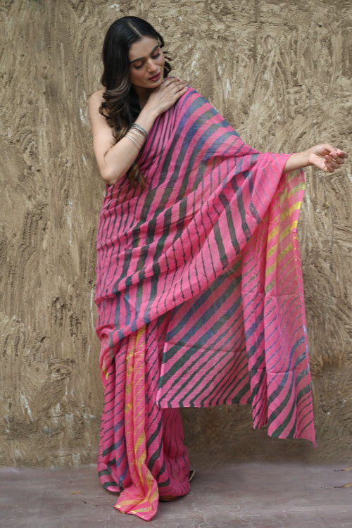 The ICH The Rang Tarang Collection : Hand Dyed Leheriya Kota Cotton Saree - Gulabi Ghoomar