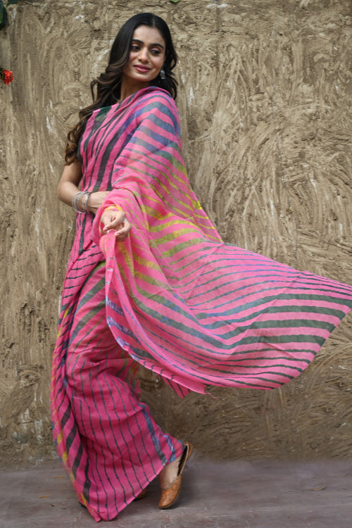 The ICH The Rang Tarang Collection : Hand Dyed Leheriya Kota Cotton Saree - Gulabi Ghoomar