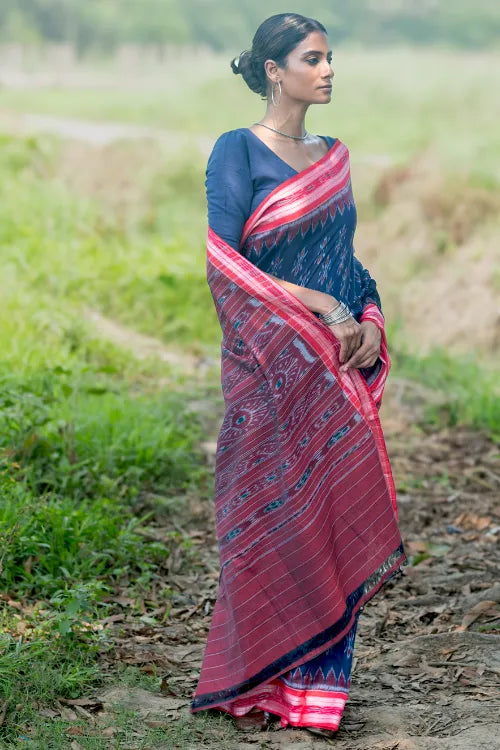 The ICH Sambalpuri Handwoven Ikat Soft Cotton Saree - Neel Megh