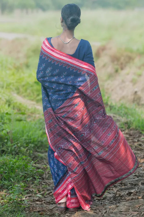 The ICH Sambalpuri Handwoven Ikat Soft Cotton Saree - Neel Megh