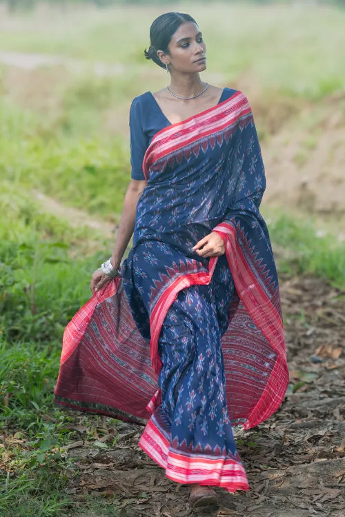 The ICH Sambalpuri Handwoven Ikat Soft Cotton Saree - Neel Megh